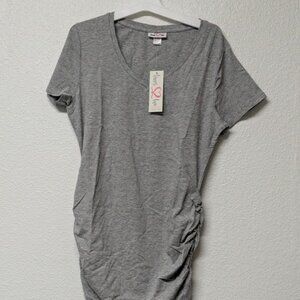 TIMES TWO Gray V-neck Short Sleeves Side Ruched Maternity Top Blouse - Large